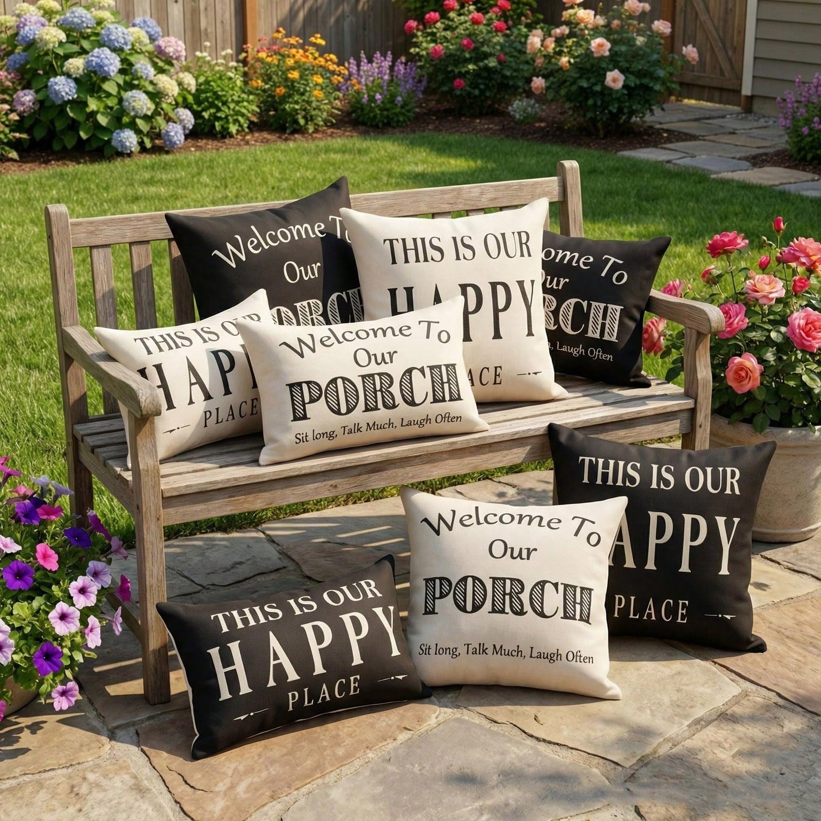 HOMPOOLL 2Pcs "Welcome To Our Porch" Outdoor Throw Pillow Covers (Waterproof, 18x18 Inches)- Rustic-Style Outdoor Cushion Decor, Decorative Pillows For Back Porches & Patio Furniture ("This Is Our Ha