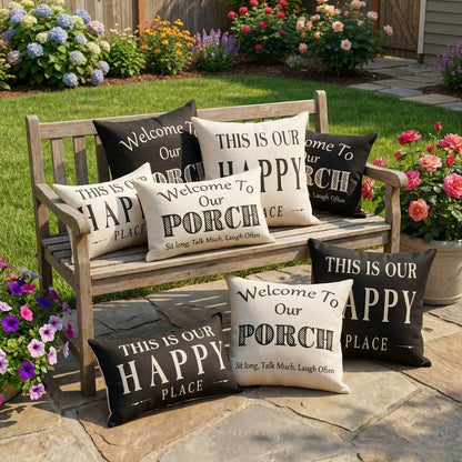 HOMPOOLL 2Pcs "Welcome To Our Porch" Outdoor Throw Pillow Covers (Waterproof, 18x18 Inches)- Rustic-Style Outdoor Cushion Decor, Decorative Pillows For Back Porches & Patio Furniture ("This Is Our Ha