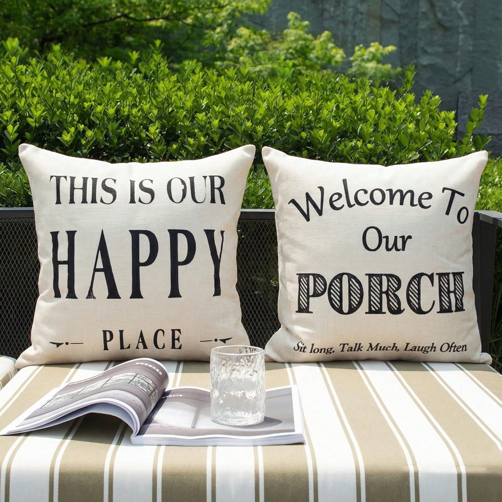 HOMPOOLL 2Pcs "Welcome To Our Porch" Outdoor Throw Pillow Covers (Waterproof, 18x18 Inches)- Rustic-Style Outdoor Cushion Decor, Decorative Pillows For Back Porches & Patio Furniture ("This Is Our Ha