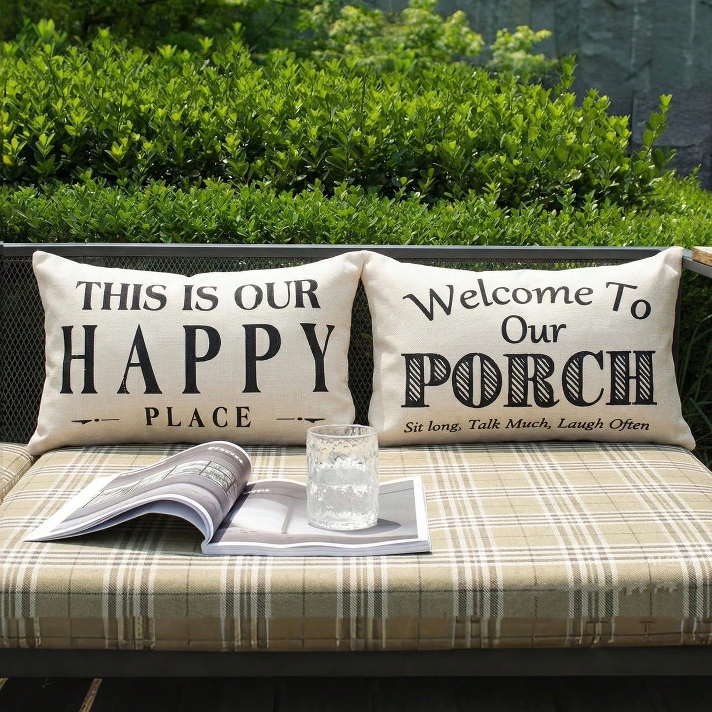 HOMPOOLL 2Pcs "Welcome To Our Porch" Outdoor Throw Pillow Covers (Waterproof, 18x18 Inches)- Rustic-Style Outdoor Cushion Decor, Decorative Pillows For Back Porches & Patio Furniture ("This Is Our Ha