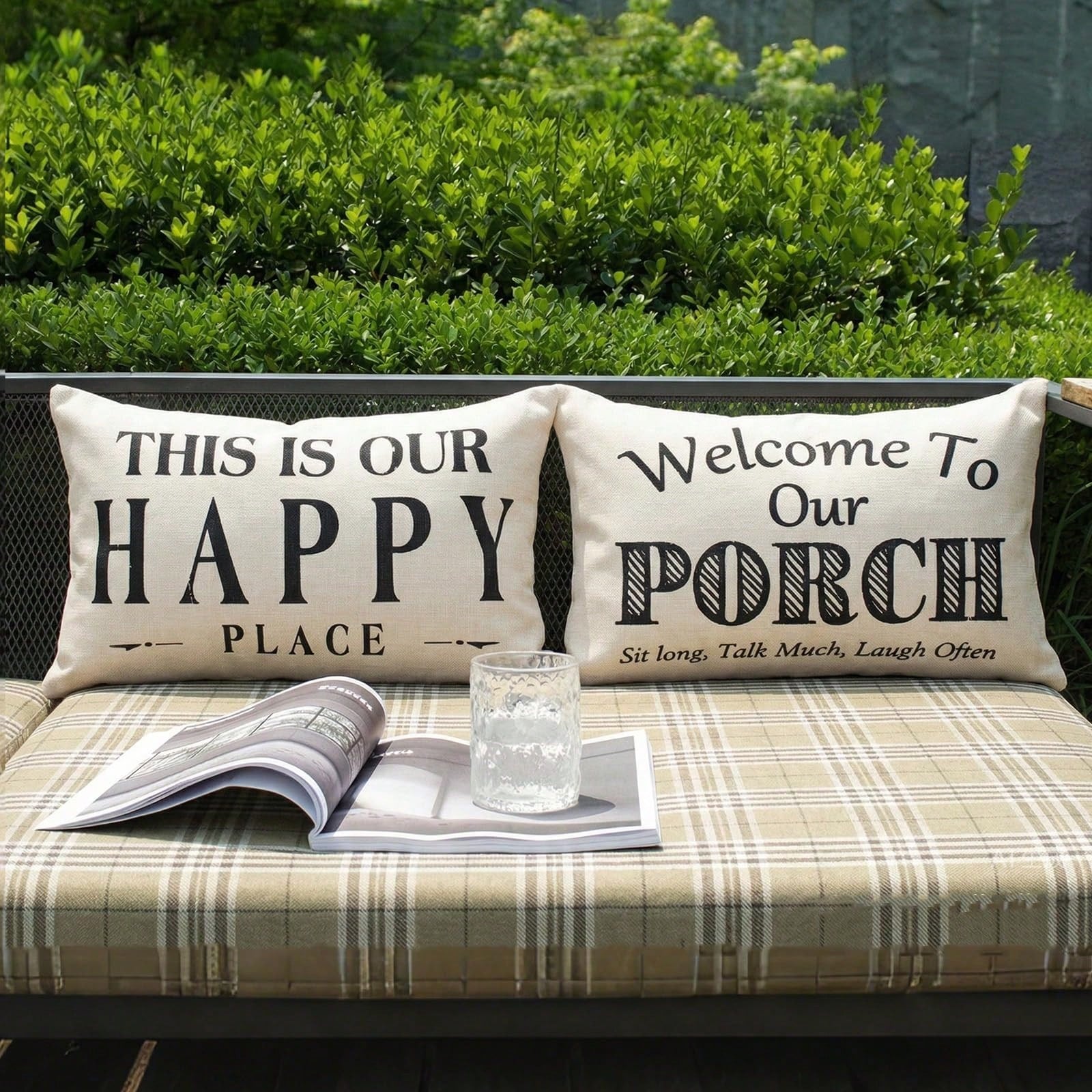 HOMPOOLL 2Pcs "Welcome To Our Porch" Outdoor Throw Pillow Covers (Waterproof, 18x18 Inches)- Rustic-Style Outdoor Cushion Decor, Decorative Pillows For Back Porches & Patio Furniture ("This Is Our Ha