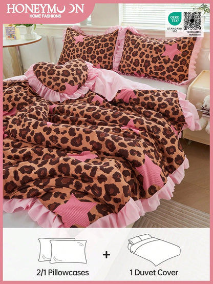 HONEYMOON 2/3pcs Leopard Print Lace Duvet Cover Set (2pcs=1 Duvet Cover+1 Pillowcase; 3pcs=1 Duvet Cover+2 Pillowcases)- 100% Polyester INS Style Printed Fabric, Soft And Breathable, Wrinkle-Resistan