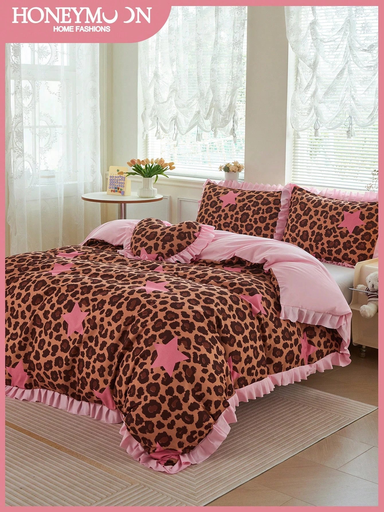 HONEYMOON 2/3pcs Leopard Print Lace Duvet Cover Set (2pcs=1 Duvet Cover+1 Pillowcase; 3pcs=1 Duvet Cover+2 Pillowcases)- 100% Polyester INS Style Printed Fabric, Soft And Breathable, Wrinkle-Resistan
