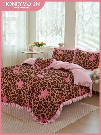 HONEYMOON 2/3pcs Leopard Print Lace Duvet Cover Set (2pcs=1 Duvet Cover+1 Pillowcase; 3pcs=1 Duvet Cover+2 Pillowcases)- 100% Polyester INS Style Printed Fabric, Soft And Breathable, Wrinkle-Resistan