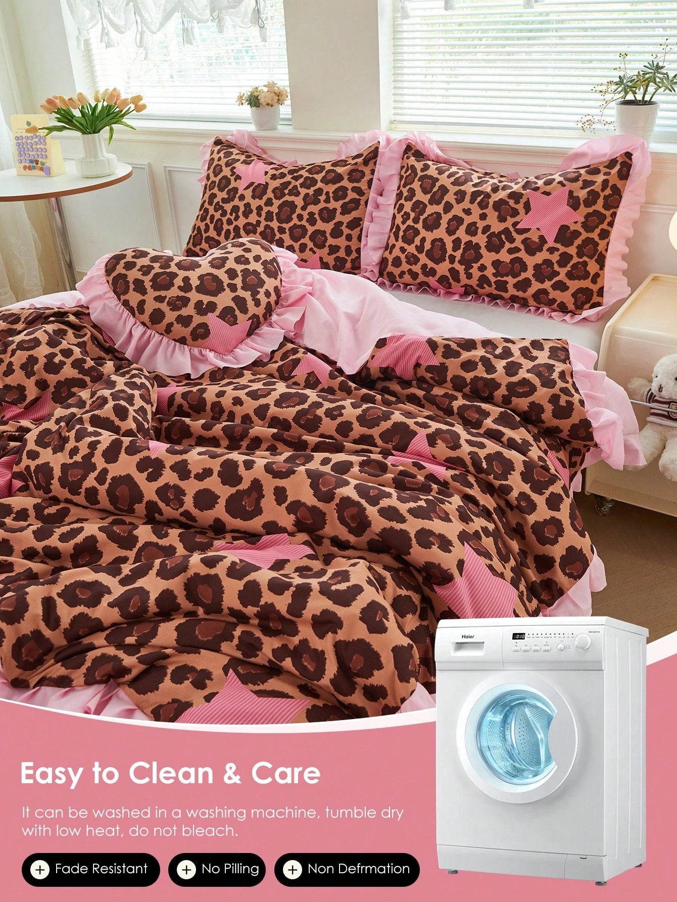 HONEYMOON 2/3pcs Leopard Print Lace Duvet Cover Set (2pcs=1 Duvet Cover+1 Pillowcase; 3pcs=1 Duvet Cover+2 Pillowcases)- 100% Polyester INS Style Printed Fabric, Soft And Breathable, Wrinkle-Resistan