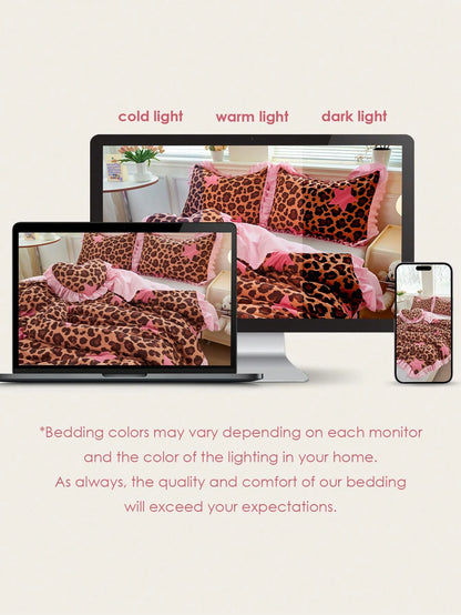HONEYMOON 2/3pcs Leopard Print Lace Duvet Cover Set (2pcs=1 Duvet Cover+1 Pillowcase; 3pcs=1 Duvet Cover+2 Pillowcases)- 100% Polyester INS Style Printed Fabric, Soft And Breathable, Wrinkle-Resistan