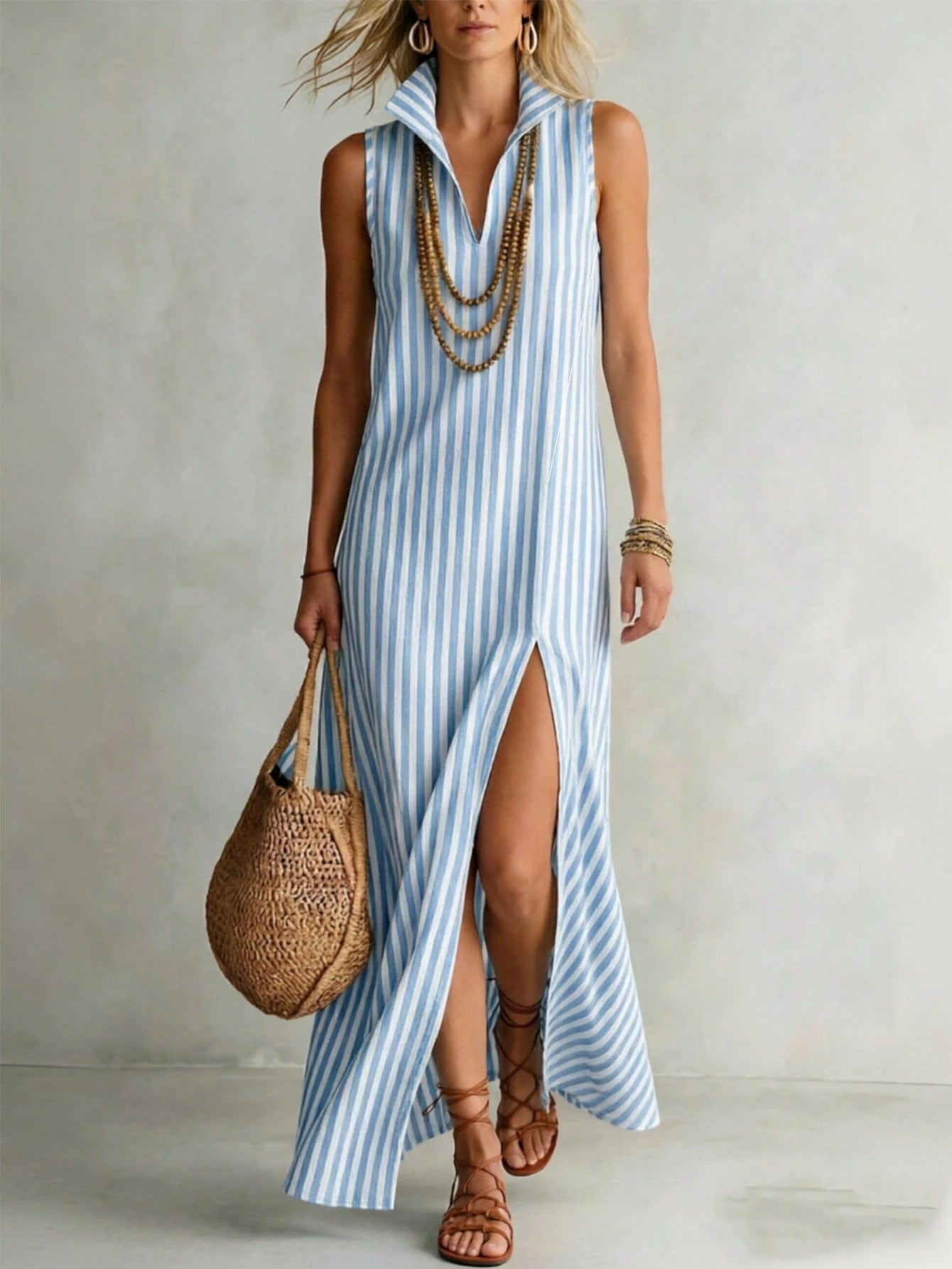 Hotletica Women's V-Neck Blue And White Striped Sleeveless Long Dress With Side Slit Hem