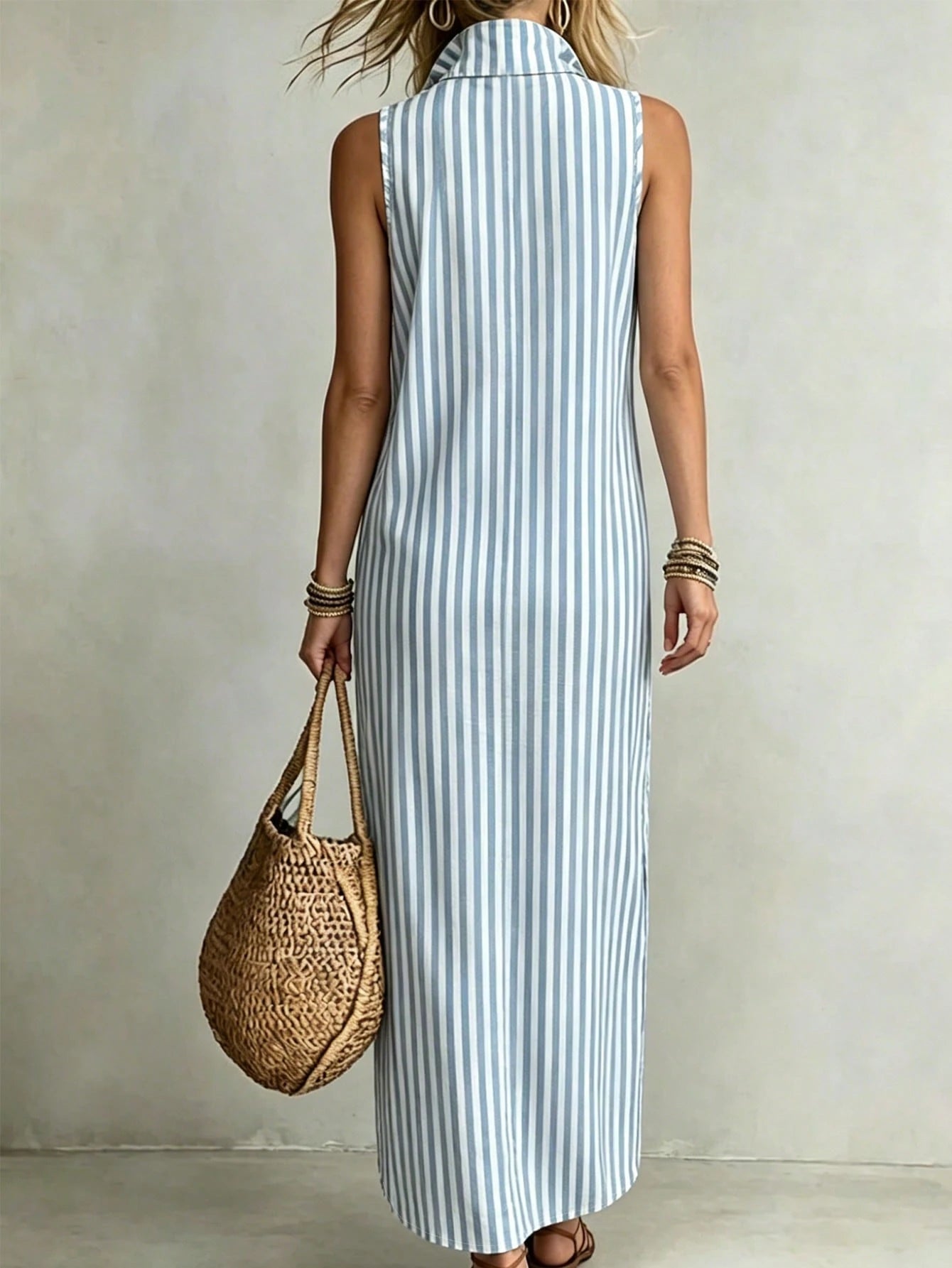 Hotletica Women's V-Neck Blue And White Striped Sleeveless Long Dress With Side Slit Hem