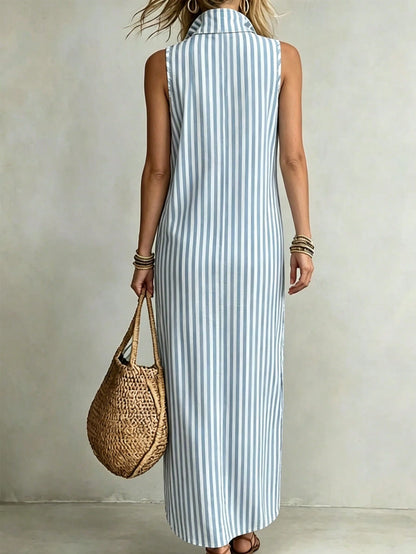 Hotletica Women's V-Neck Blue And White Striped Sleeveless Long Dress With Side Slit Hem