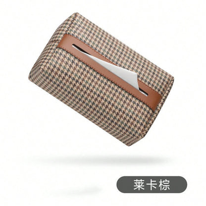 Houndstooth Fabric Car Tissue Box With Leather Trim, Car Interior Tissue Storage Box