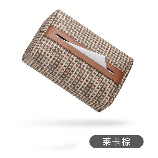 Houndstooth Fabric Car Tissue Box With Leather Trim, Car Interior Tissue Storage Box