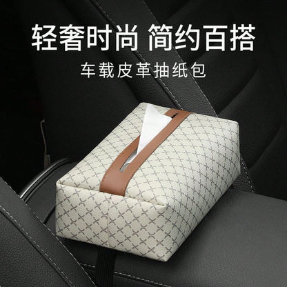 Houndstooth Fabric Car Tissue Box With Leather Trim, Car Interior Tissue Storage Box