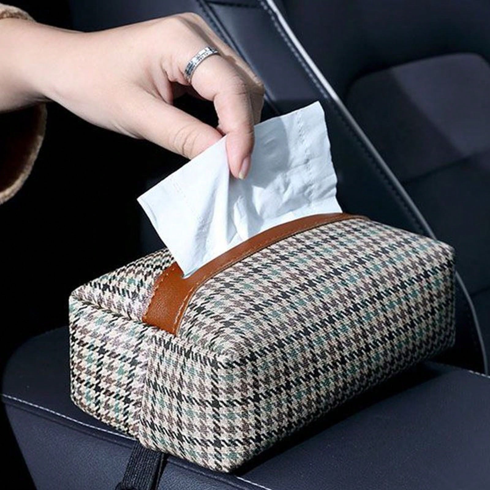 Houndstooth Fabric Car Tissue Box With Leather Trim, Car Interior Tissue Storage Box