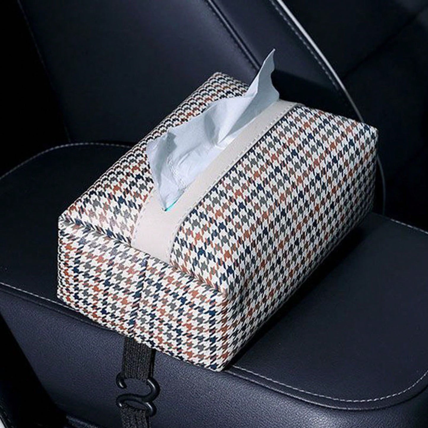 Houndstooth Fabric Car Tissue Box With Leather Trim, Car Interior Tissue Storage Box