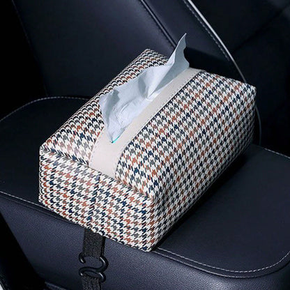 Houndstooth Fabric Car Tissue Box With Leather Trim, Car Interior Tissue Storage Box