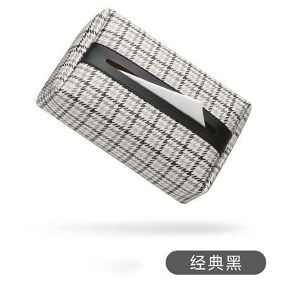 Houndstooth Fabric Car Tissue Box With Leather Trim, Car Interior Tissue Storage Box