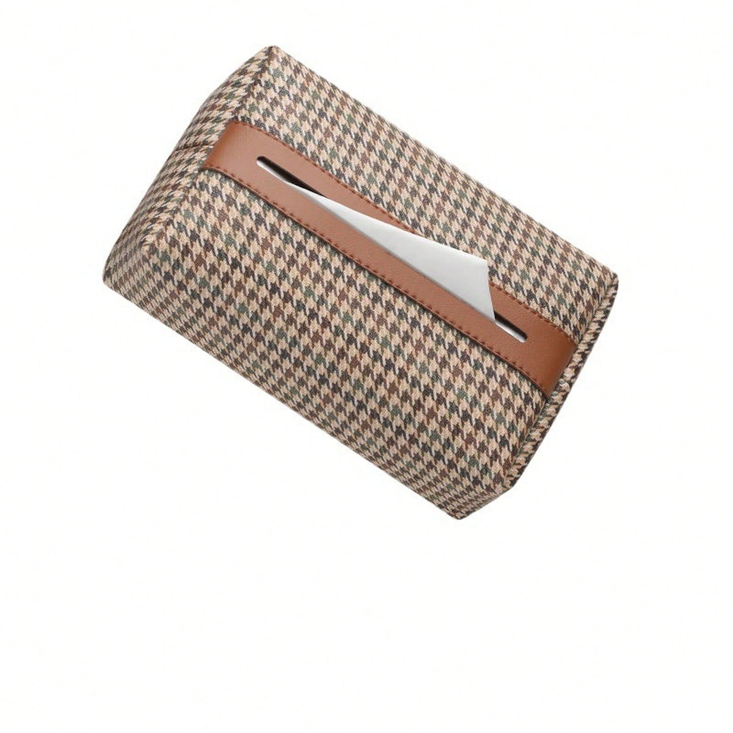 Houndstooth Fabric Car Tissue Box With Leather Trim, Car Interior Tissue Storage Box