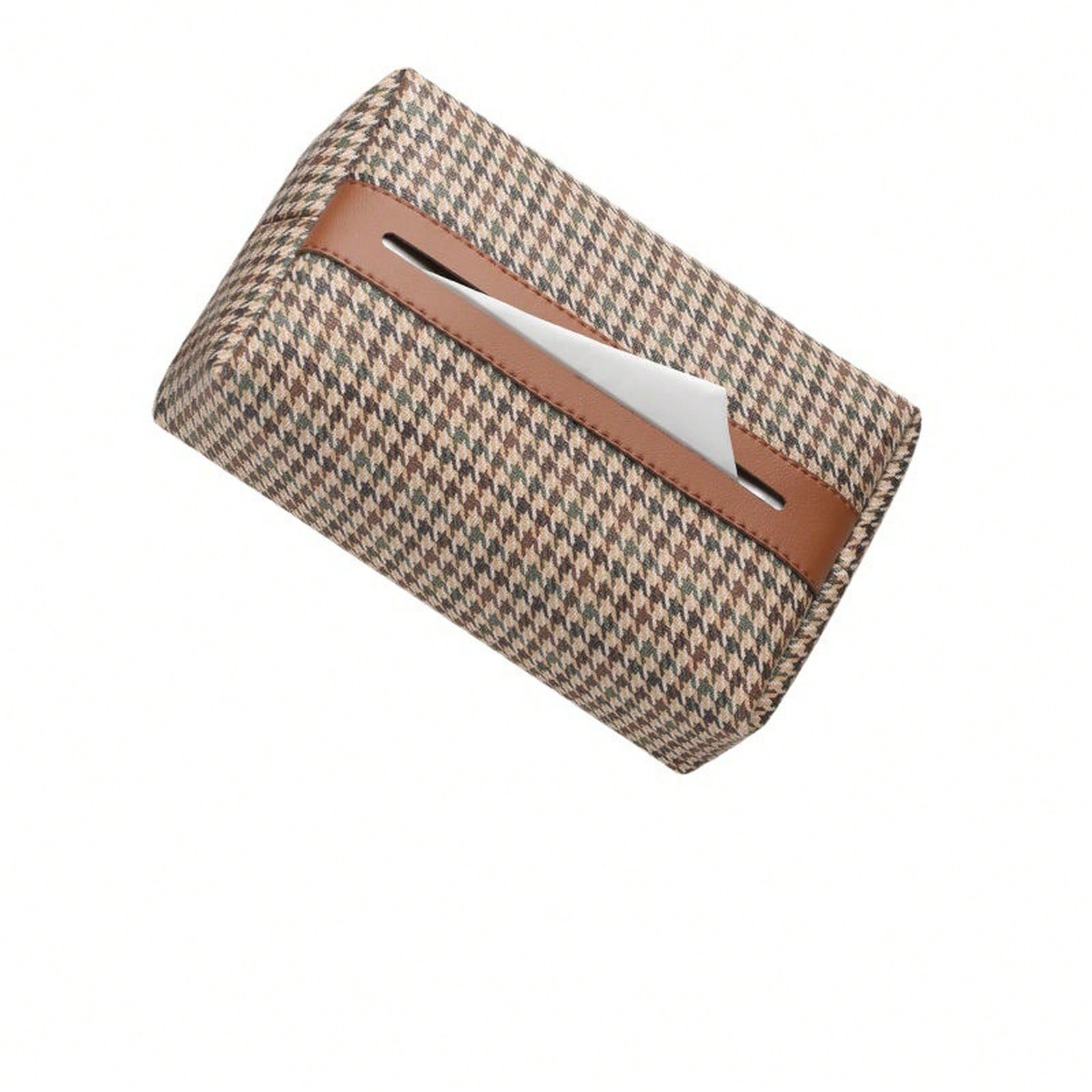 Houndstooth Fabric Car Tissue Box With Leather Trim, Car Interior Tissue Storage Box