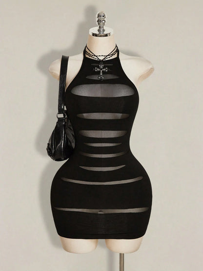 ICON Black Ripped Fabric Halter Backless Bodycon Mini Dress,Party Club Night Out Dresses For Women Summer Sexy