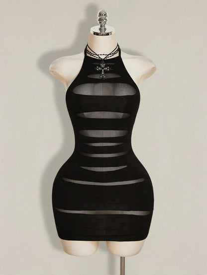 ICON Black Ripped Fabric Halter Backless Bodycon Mini Dress,Party Club Night Out Dresses For Women Summer Sexy