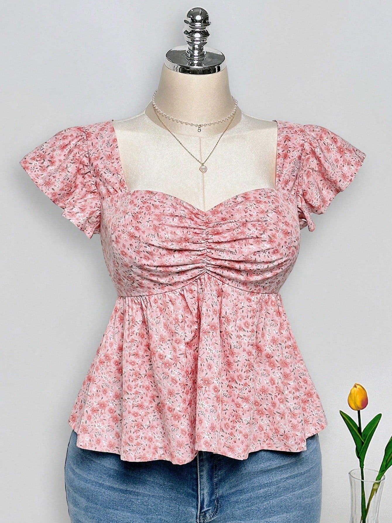 ICON Plus Size Babydoll Top With Ruched Chest, Ruffle Trim And Short Flutter Sleeves, Suitable For Summer And Vacation Pastel Pink Cute Bohemian Boho