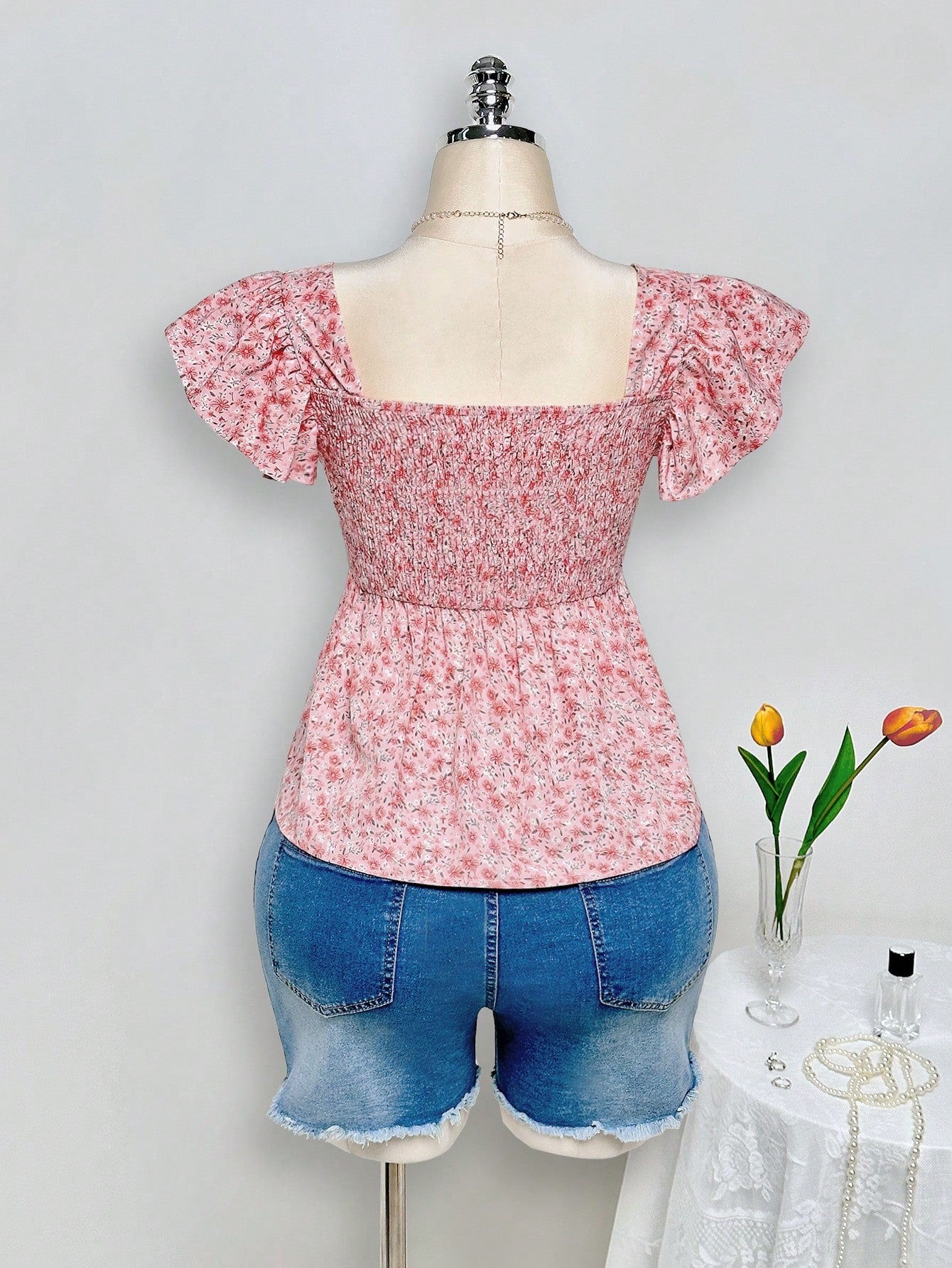 ICON Plus Size Babydoll Top With Ruched Chest, Ruffle Trim And Short Flutter Sleeves, Suitable For Summer And Vacation Pastel Pink Cute Bohemian Boho