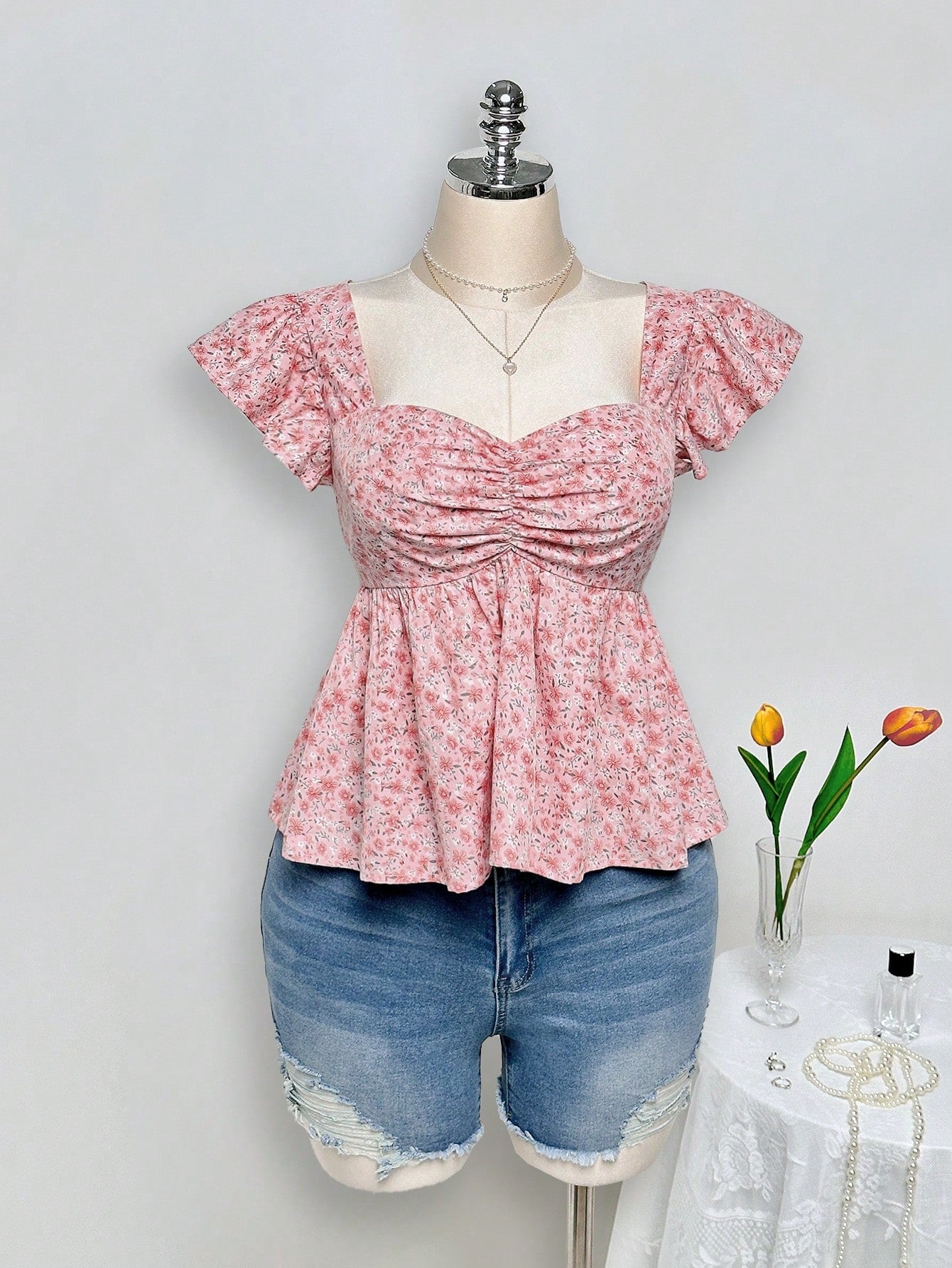 ICON Plus Size Babydoll Top With Ruched Chest, Ruffle Trim And Short Flutter Sleeves, Suitable For Summer And Vacation Pastel Pink Cute Bohemian Boho