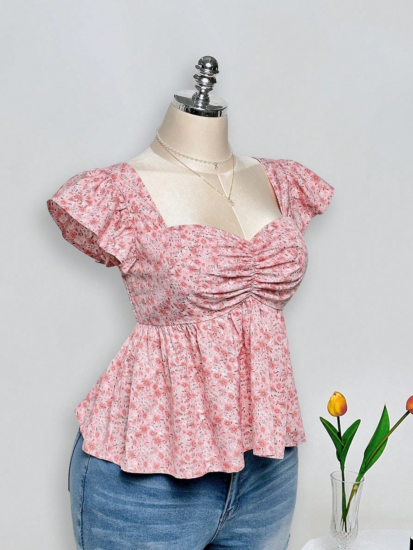 ICON Plus Size Babydoll Top With Ruched Chest, Ruffle Trim And Short Flutter Sleeves, Suitable For Summer And Vacation Pastel Pink Cute Bohemian Boho