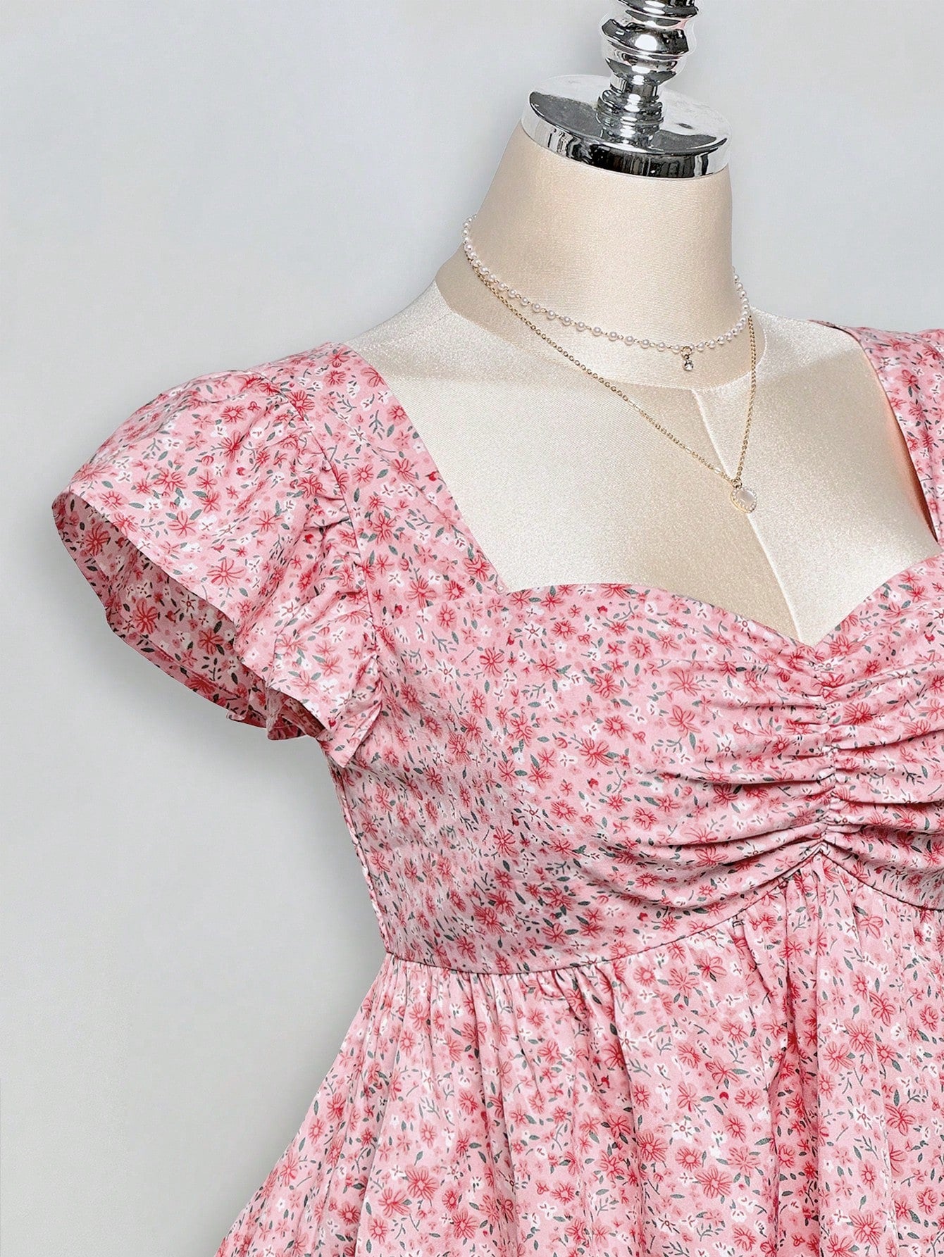 ICON Plus Size Babydoll Top With Ruched Chest, Ruffle Trim And Short Flutter Sleeves, Suitable For Summer And Vacation Pastel Pink Cute Bohemian Boho