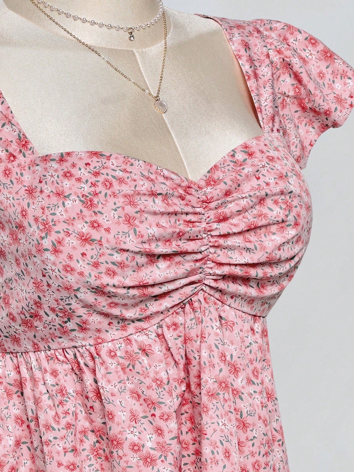 ICON Plus Size Babydoll Top With Ruched Chest, Ruffle Trim And Short Flutter Sleeves, Suitable For Summer And Vacation Pastel Pink Cute Bohemian Boho
