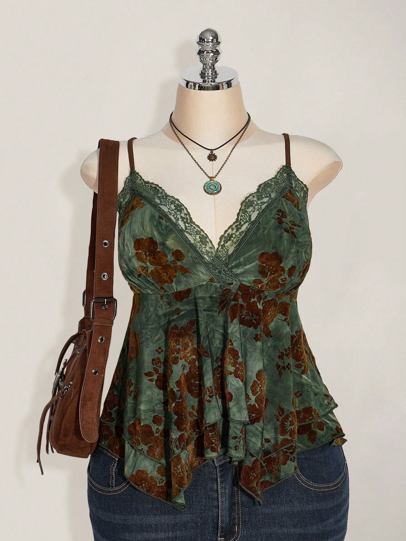 ICON Plus Size Sage Green Summer Boho Elegant Vacation Hippie Women Lace Contrast Allover Print Asymmetric Hem Camisole Top,Festival Graduation Season