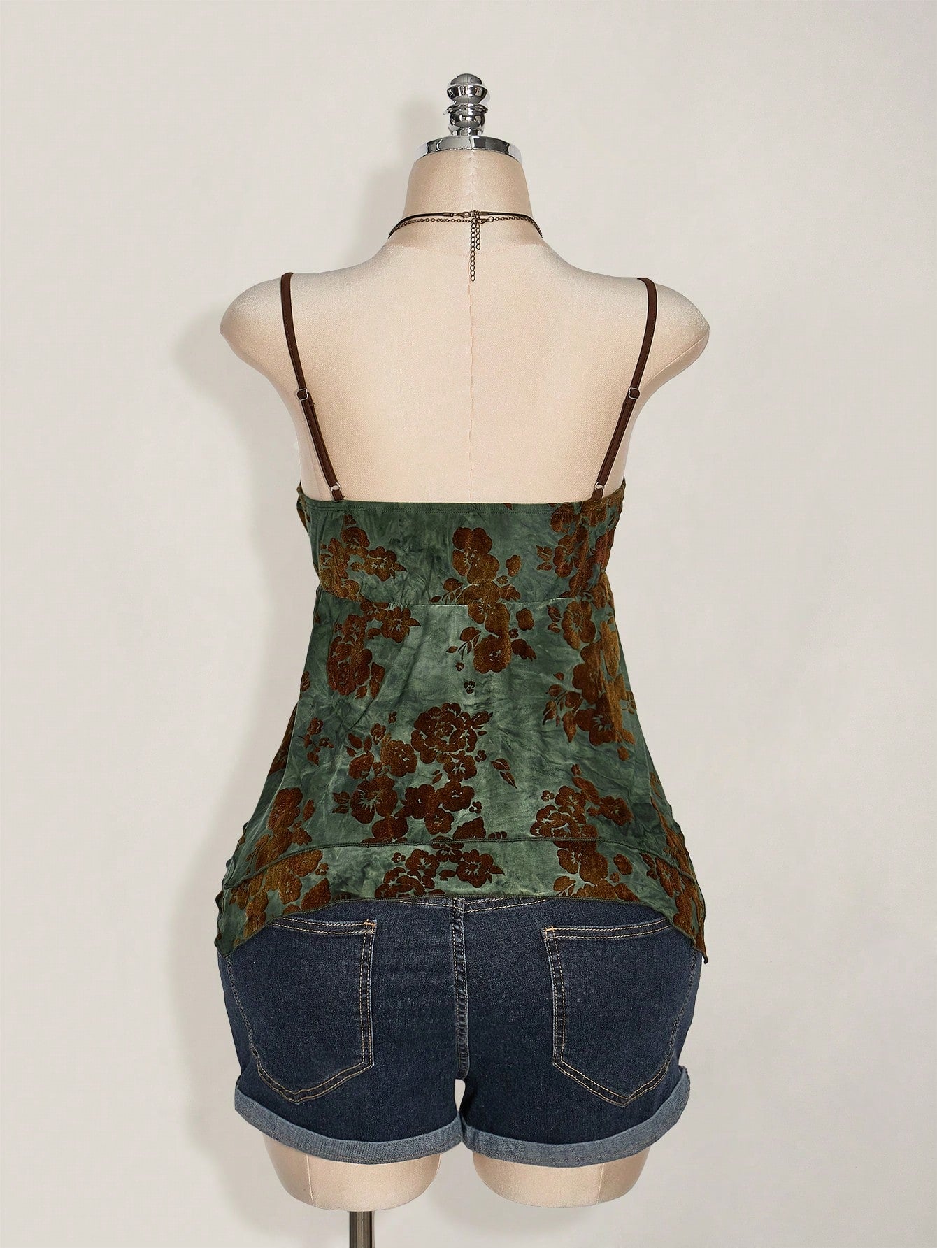 ICON Plus Size Sage Green Summer Boho Elegant Vacation Hippie Women Lace Contrast Allover Print Asymmetric Hem Camisole Top,Festival Graduation Season