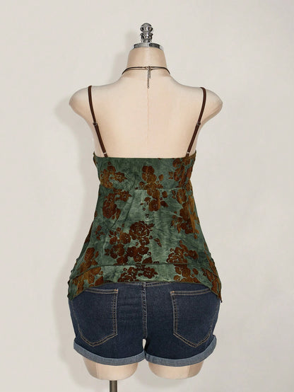 ICON Plus Size Sage Green Summer Boho Elegant Vacation Hippie Women Lace Contrast Allover Print Asymmetric Hem Camisole Top,Festival Graduation Season
