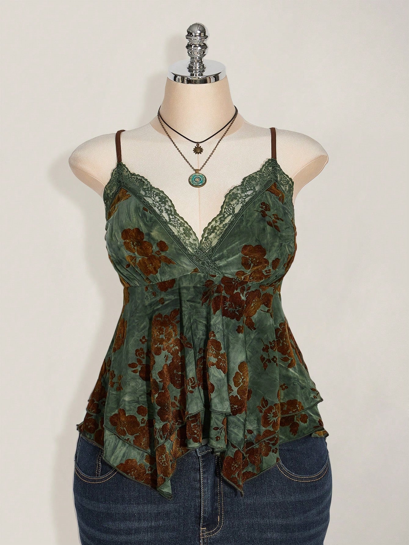 ICON Plus Size Sage Green Summer Boho Elegant Vacation Hippie Women Lace Contrast Allover Print Asymmetric Hem Camisole Top,Festival Graduation Season