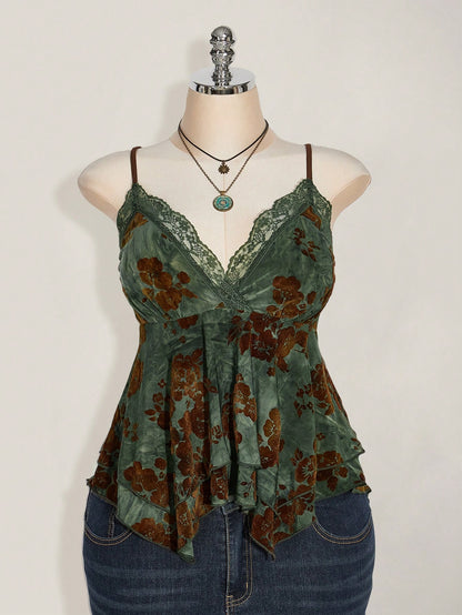 ICON Plus Size Sage Green Summer Boho Elegant Vacation Hippie Women Lace Contrast Allover Print Asymmetric Hem Camisole Top,Festival Graduation Season
