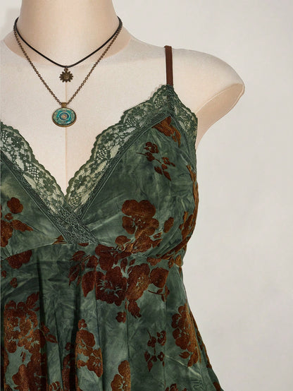 ICON Plus Size Sage Green Summer Boho Elegant Vacation Hippie Women Lace Contrast Allover Print Asymmetric Hem Camisole Top,Festival Graduation Season