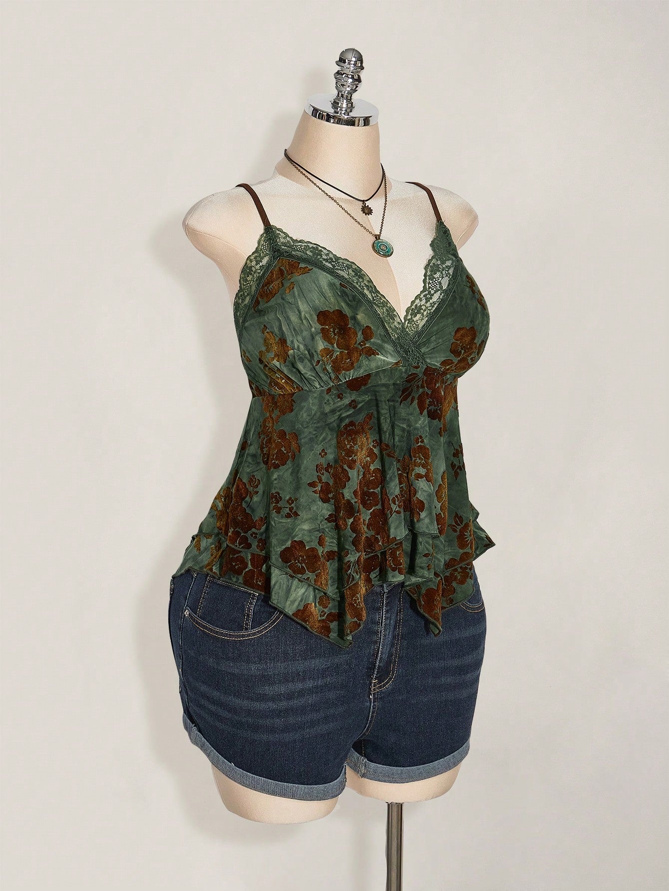 ICON Plus Size Sage Green Summer Boho Elegant Vacation Hippie Women Lace Contrast Allover Print Asymmetric Hem Camisole Top,Festival Graduation Season