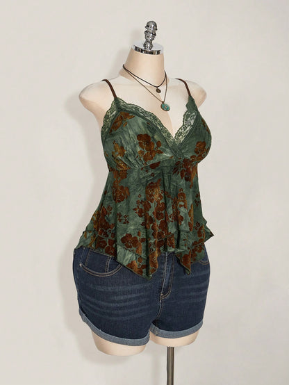 ICON Plus Size Sage Green Summer Boho Elegant Vacation Hippie Women Lace Contrast Allover Print Asymmetric Hem Camisole Top,Festival Graduation Season