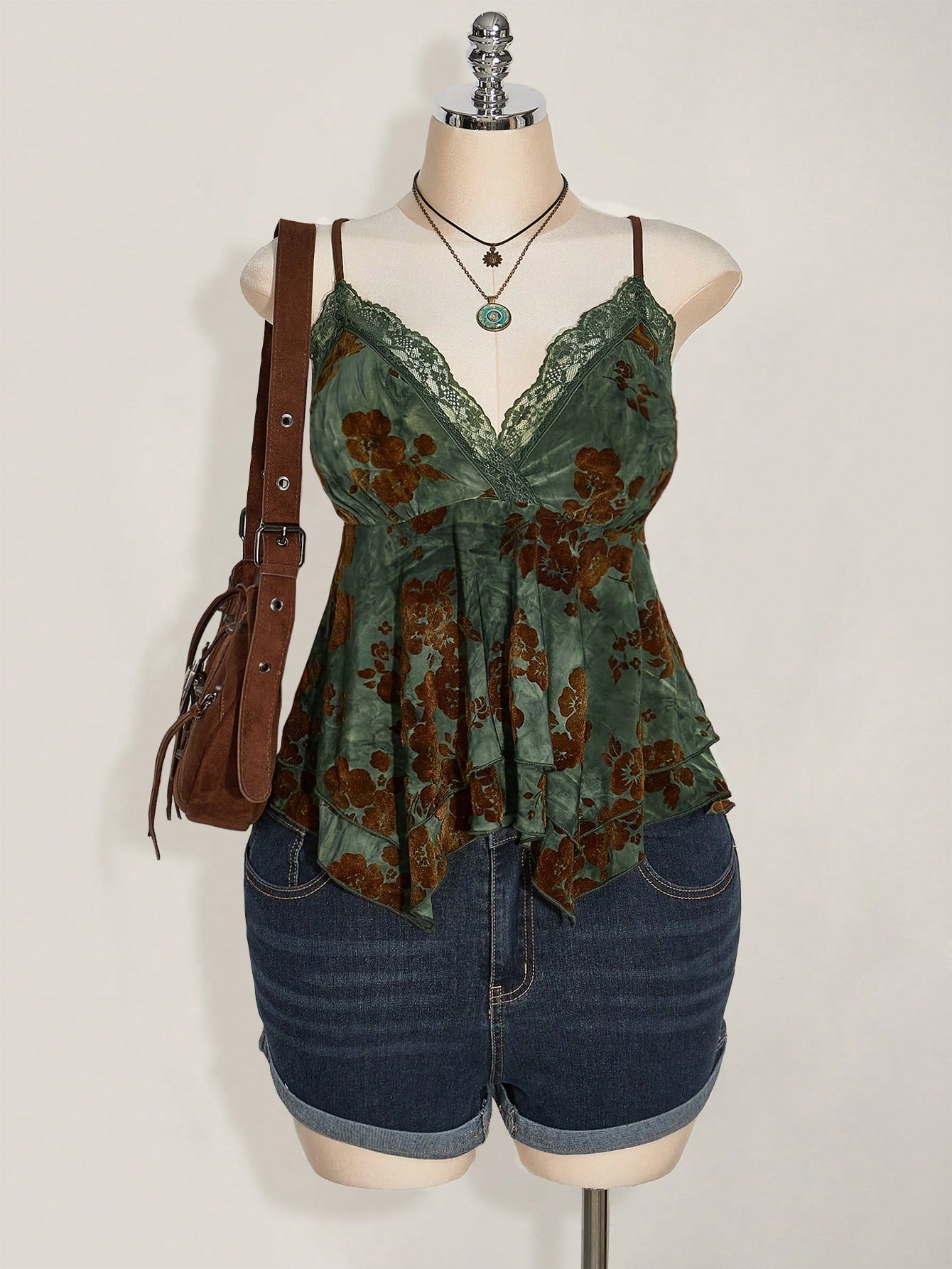 ICON Plus Size Sage Green Summer Boho Elegant Vacation Hippie Women Lace Contrast Allover Print Asymmetric Hem Camisole Top,Festival Graduation Season
