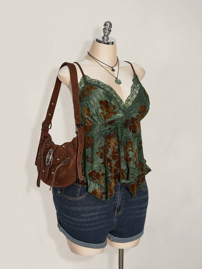 ICON Plus Size Sage Green Summer Boho Elegant Vacation Hippie Women Lace Contrast Allover Print Asymmetric Hem Camisole Top,Festival Graduation Season