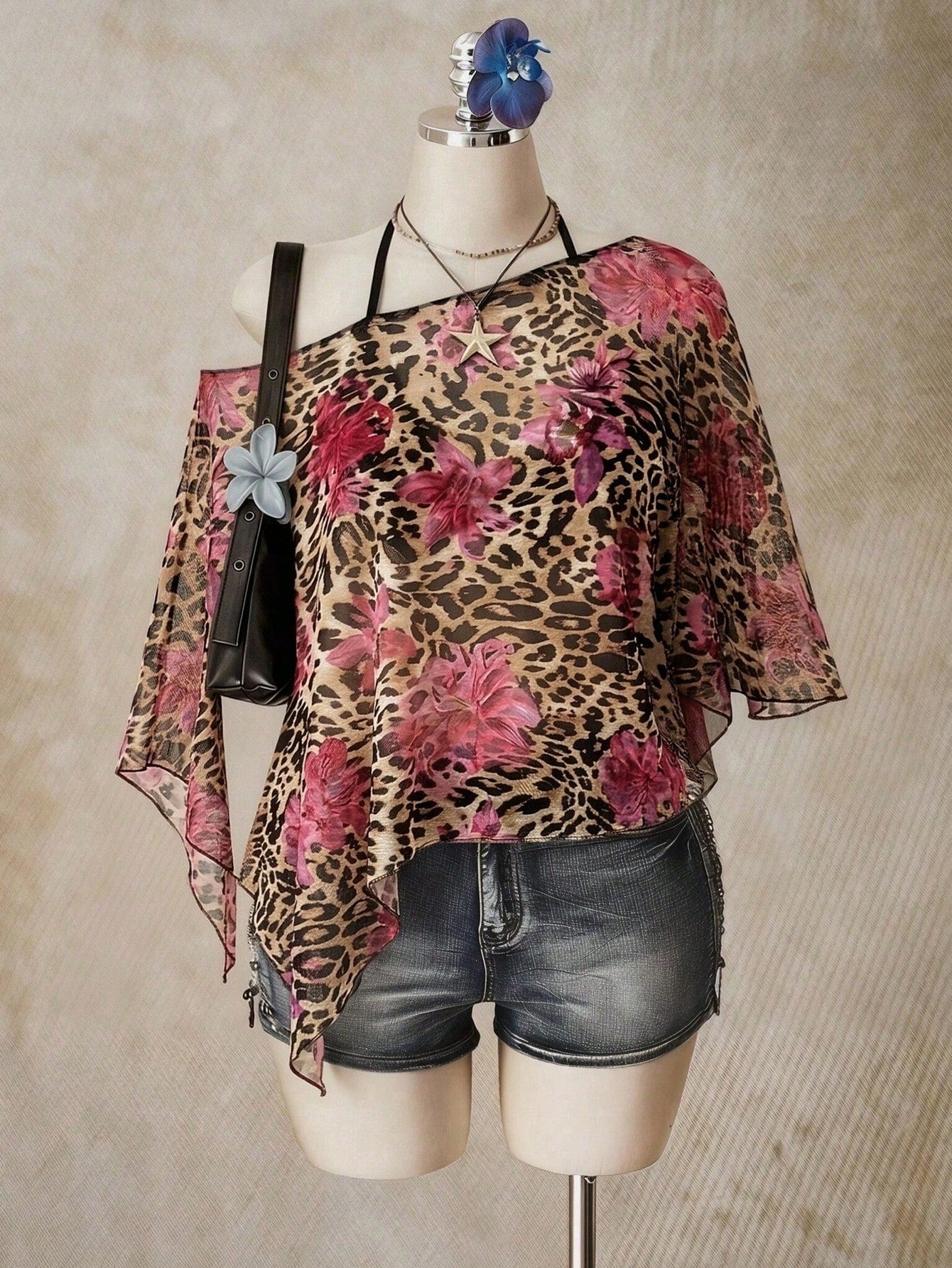ICON Plus Size Women's Leopard Floral Print Asymmetric Neck Casual Sexy 70's Everyday Night Party Top Pastel Pink Summer