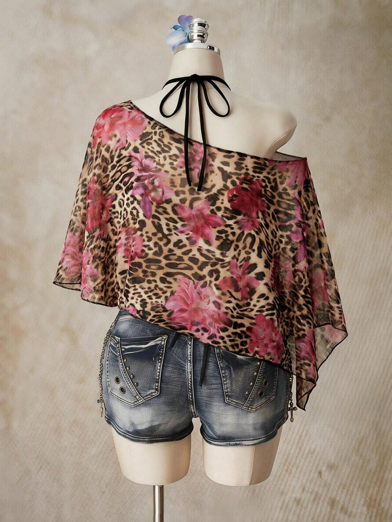 ICON Plus Size Women's Leopard Floral Print Asymmetric Neck Casual Sexy 70's Everyday Night Party Top Pastel Pink Summer