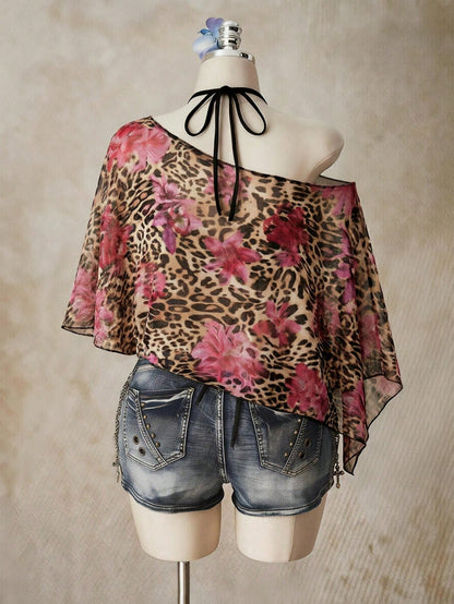 ICON Plus Size Women's Leopard Floral Print Asymmetric Neck Casual Sexy 70's Everyday Night Party Top Pastel Pink Summer