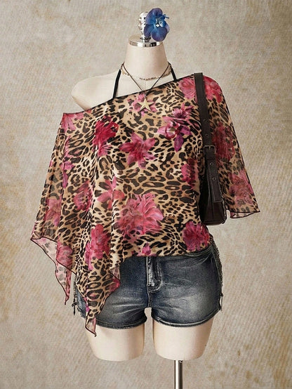ICON Plus Size Women's Leopard Floral Print Asymmetric Neck Casual Sexy 70's Everyday Night Party Top Pastel Pink Summer