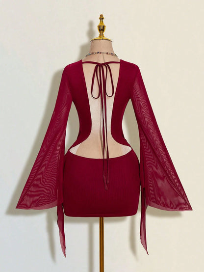 ICON Sexy Oversized Plunging Neckline Mesh Patchwork Backless Mini Dress