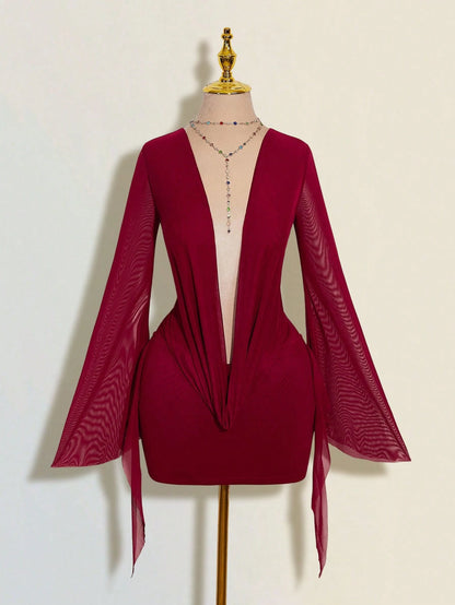 ICON Sexy Oversized Plunging Neckline Mesh Patchwork Backless Mini Dress