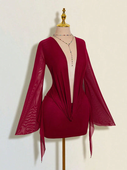 ICON Sexy Oversized Plunging Neckline Mesh Patchwork Backless Mini Dress