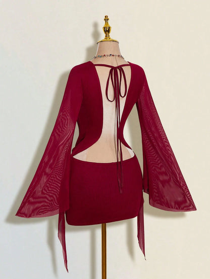 ICON Sexy Oversized Plunging Neckline Mesh Patchwork Backless Mini Dress