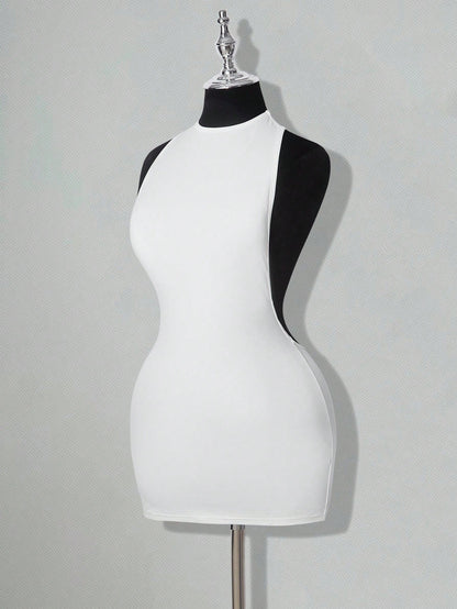 ICON Solid Color Criss-Cross Backless Sexy Casual Mini Dress White Bodycon Dress White Club Night Dress,White Dresses Classy Elegant,Party Dress Summer