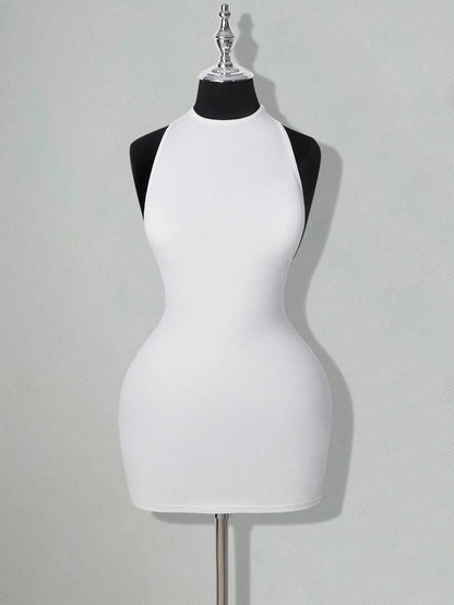 ICON Solid Color Criss-Cross Backless Sexy Casual Mini Dress White Bodycon Dress White Club Night Dress,White Dresses Classy Elegant,Party Dress Summer